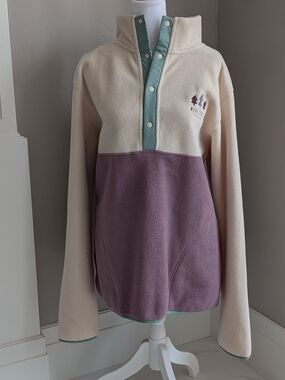 Cream & Lavender Snap-Placket Fleece Pullover Sweatshirt-XL